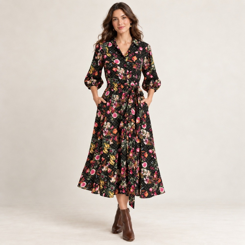 Torrid 2 2X Black Floral Polka Dot Midi Dress Belted Pockets Cottagecore Flowy